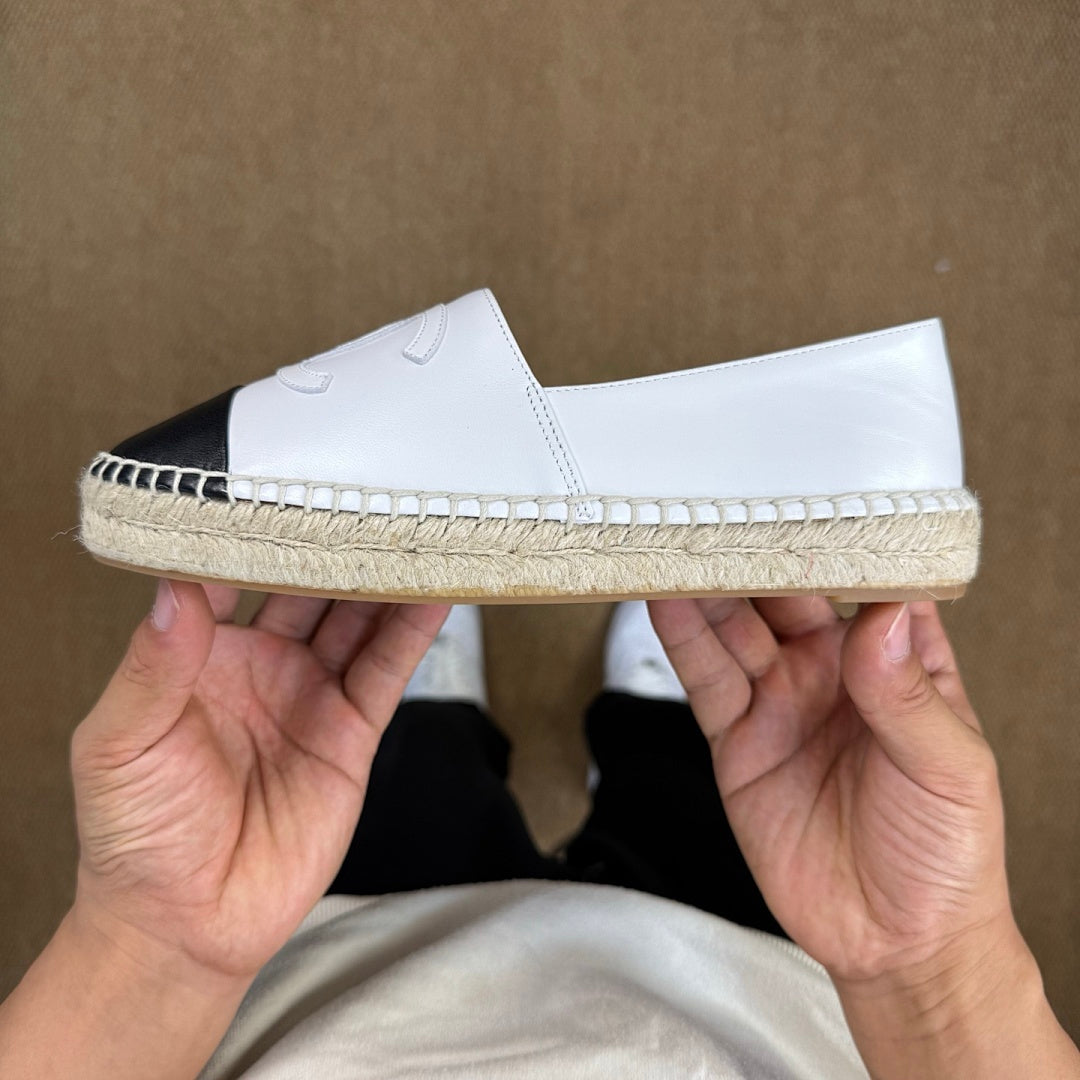 Chanel White Leather Black Cap Toe Espadrilles