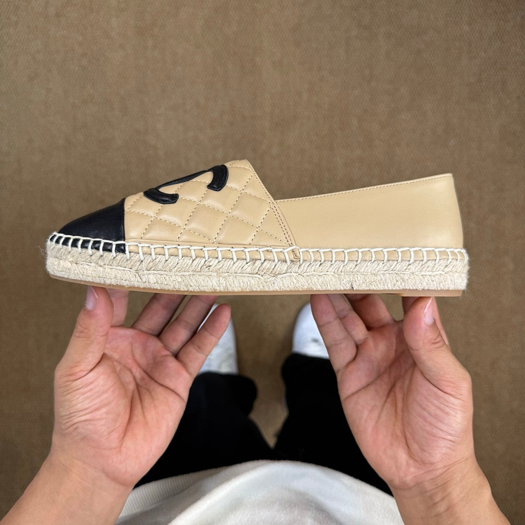 Chanel Beige Quilted Lambskin CC Espadrilles with Black Cap Toe