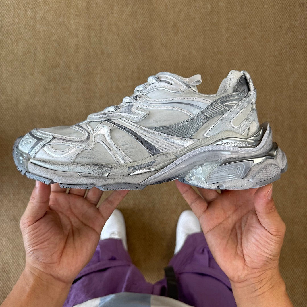Balenciaga Runner Sneaker White Silver Distressed 677403 W3CP2