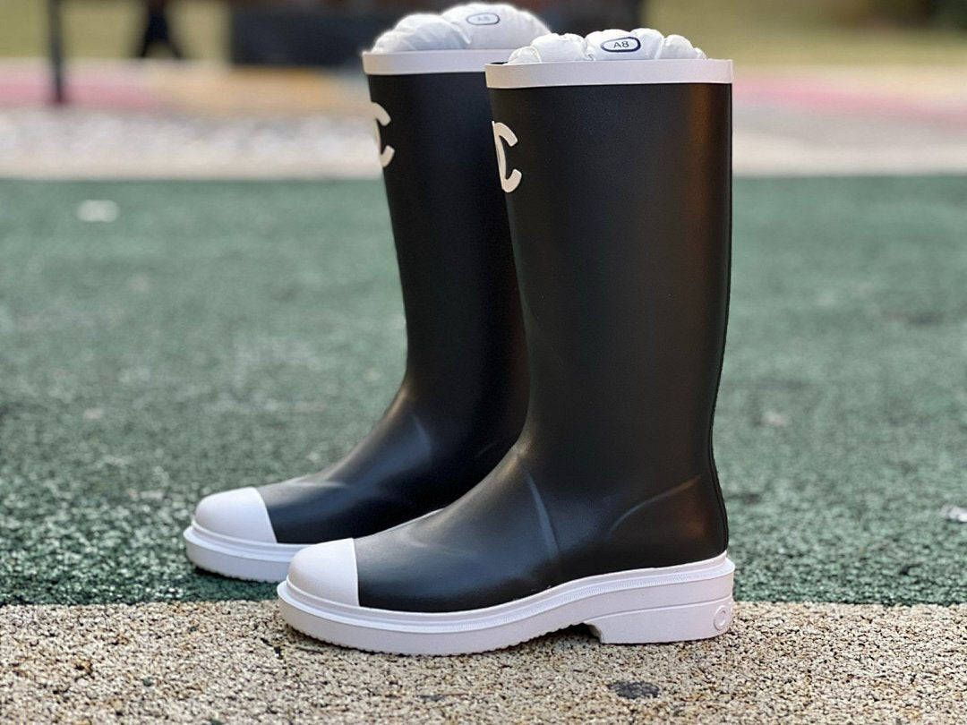 Chanel Black Rubber Rain Boots White Cap Toe CC Logo