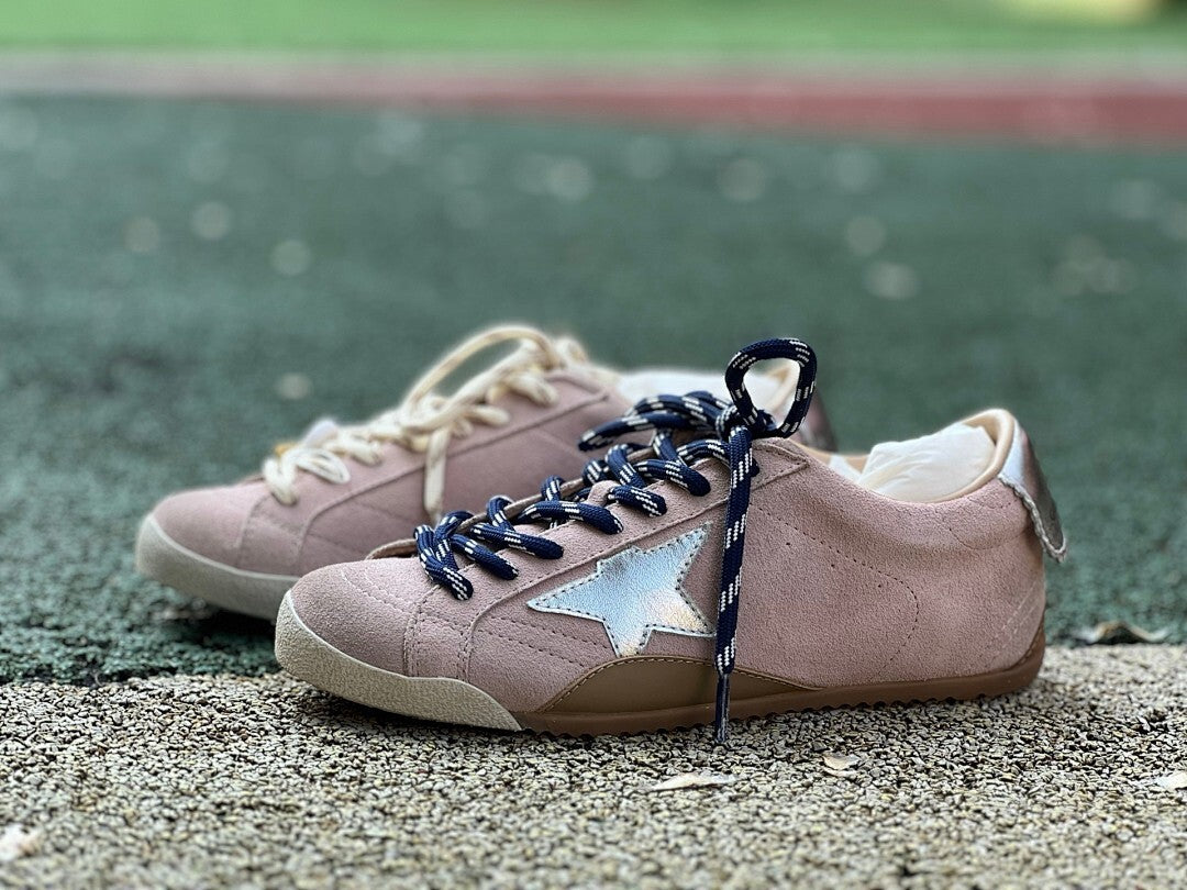 Golden Goose Super-Star Low-Top Sneakers Dusty Pink Suede Metallic Silver Star Navy Striped Laces