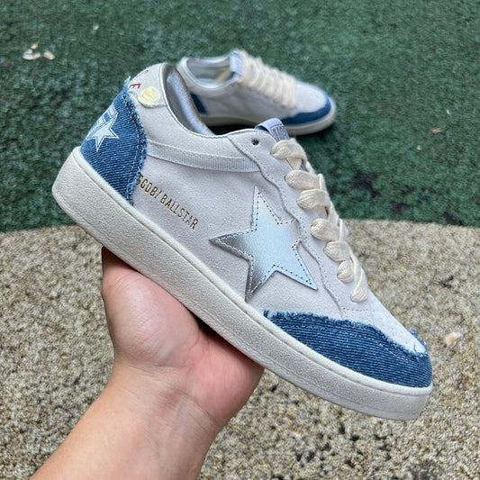 Golden Goose Ball Star White Suede Blue Distressed Denim Silver Star Low Top Sneakers