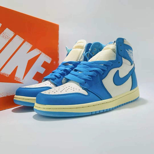 Air Jordan 1 Retro High OG University Blue UNC White Vintage Aged Sail Midsole Sneakers 555088-134