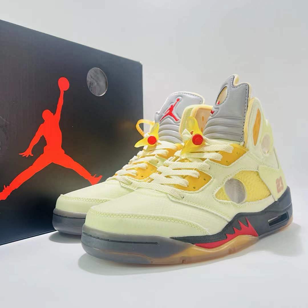 Nike Air Jordan 5 Retro SP x Off-White 'Sail' Muslin Fire Red Black Men's Sneakers CT8480-100