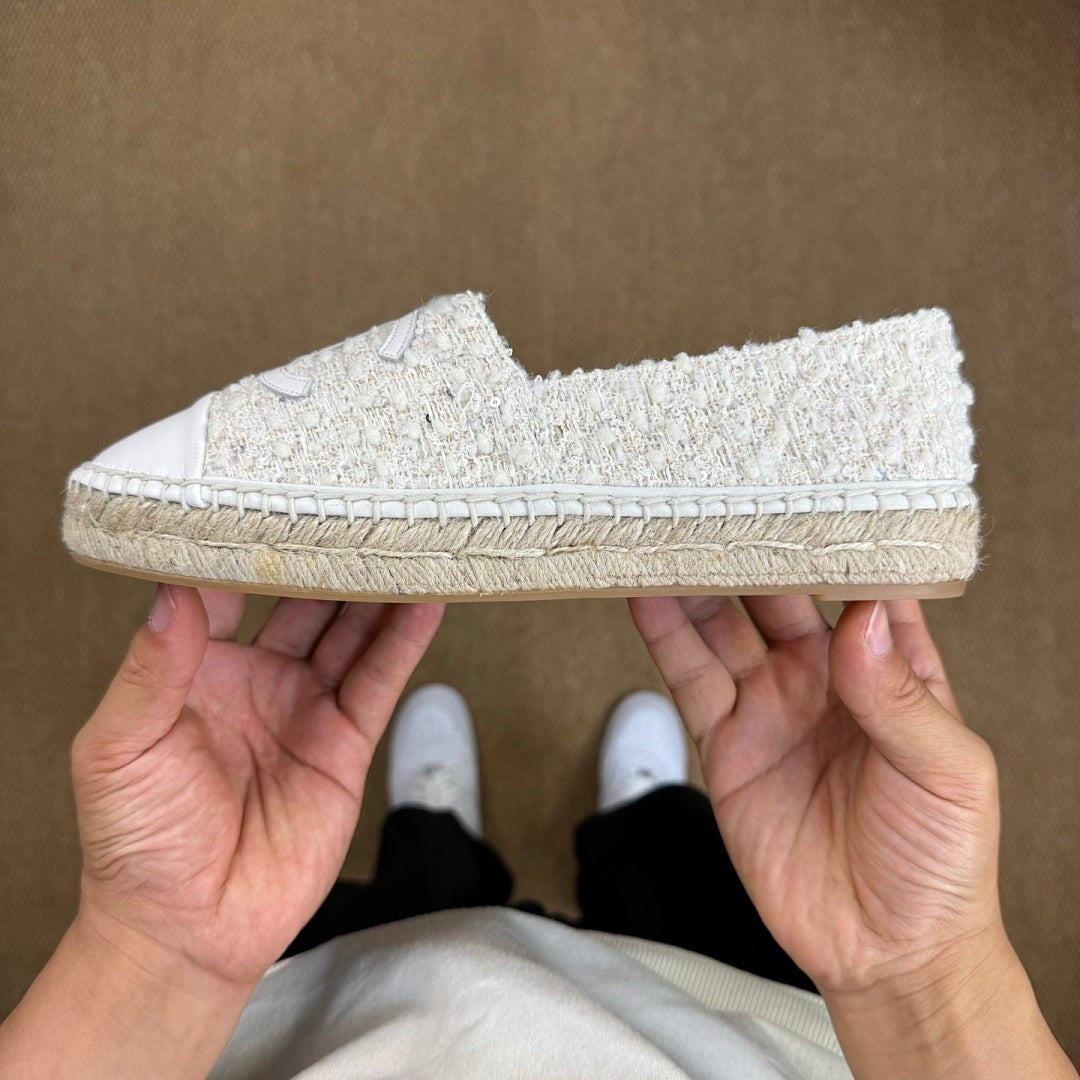 Chanel CC Logo Ecru Tweed White Leather Cap Toe Espadrilles