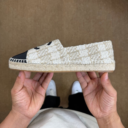 Chanel Espadrilles in Ecru Tweed with Black Cap Toe and CC Logo