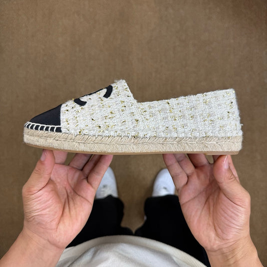 Chanel Ecru and Gold-Tone Tweed Espadrilles with Black Cap Toe and CC Logo