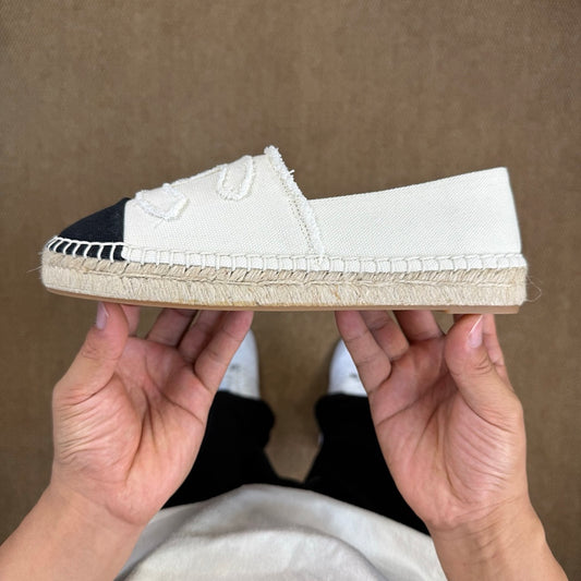 Chanel Espadrilles Mixed Fibers Ecru & Black CC Logo