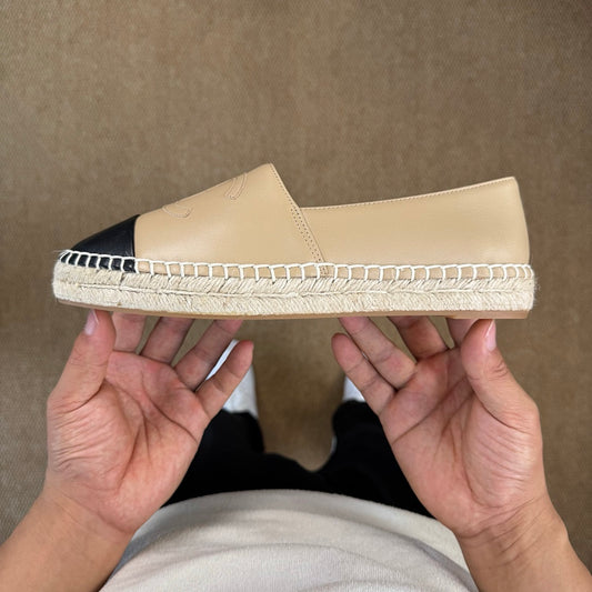 Chanel Espadrille Flats in Beige Leather with Black Cap-Toe