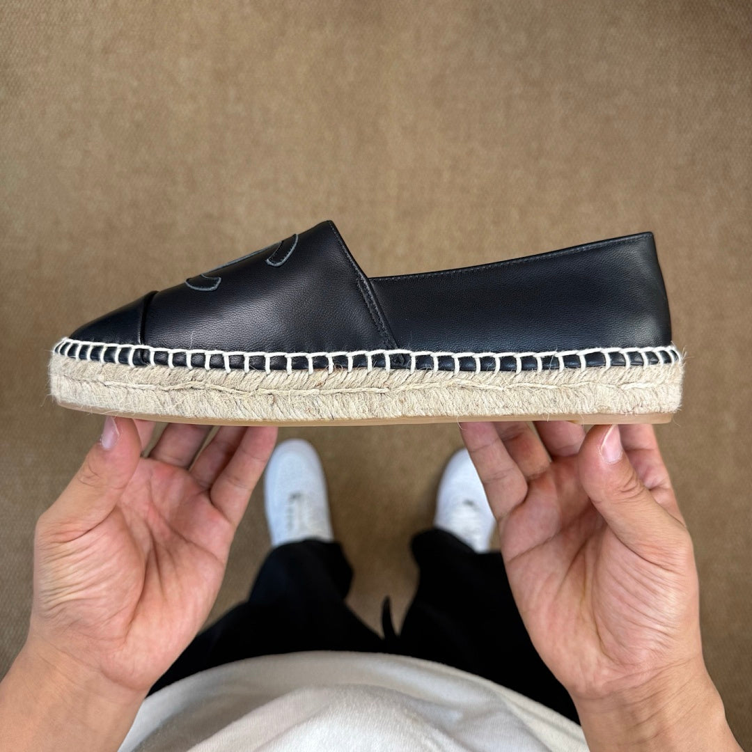 Chanel Black Leather CC Logo Espadrilles