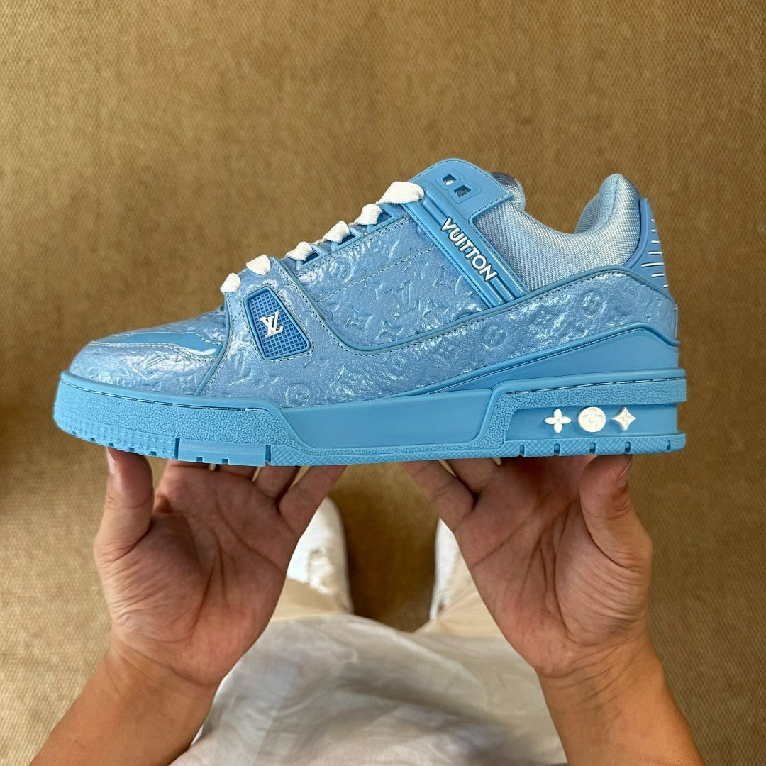 Louis Vuitton LV Trainer Sneaker Monogram Embossed Calfskin Light Blue 1A9Z6L