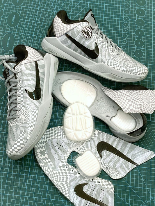 Nike Kobe 5 Protro Grey White Checkerboard Radial Swirl Pattern