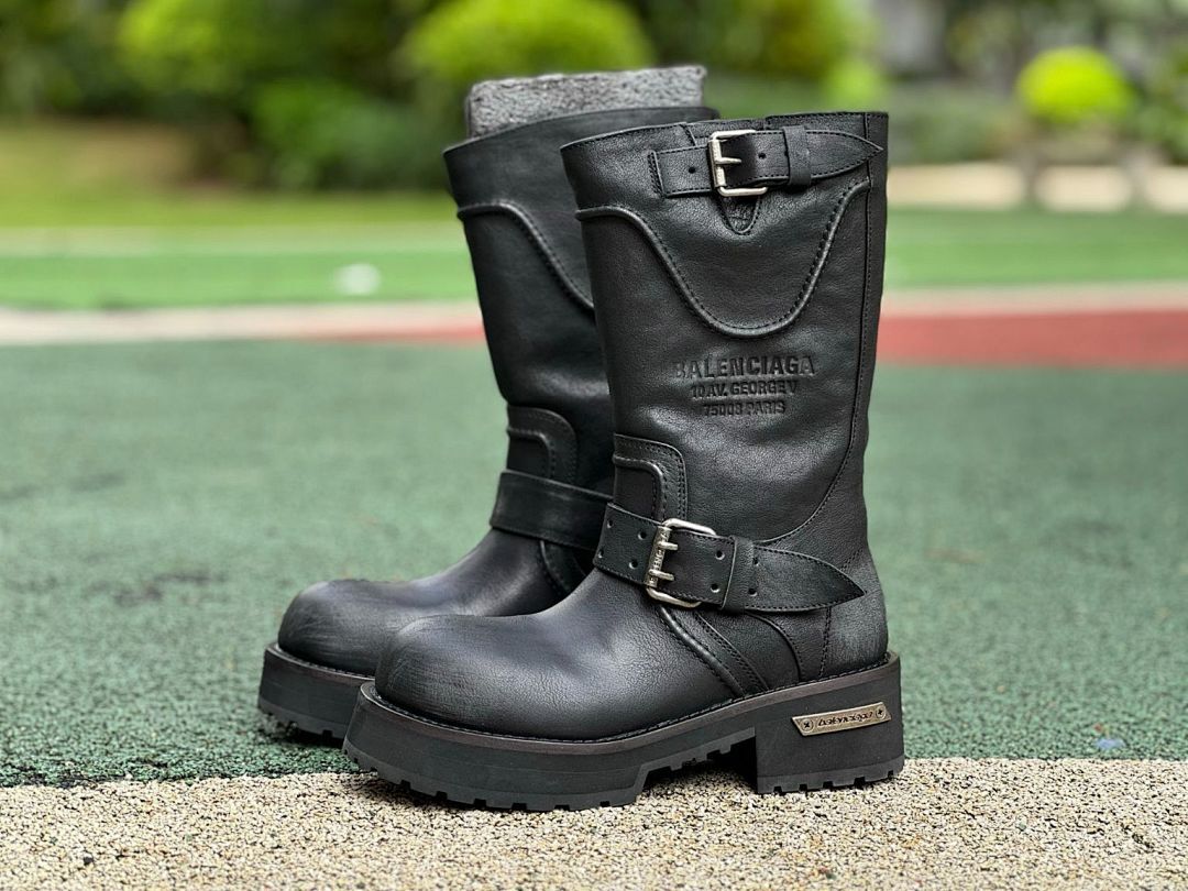 Balenciaga Black Leather Trooper Biker Boots with Embossed 10 AV. GEORGE V Paris Address