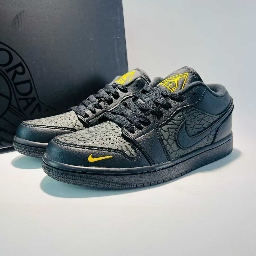 Nike Men's Air Jordan 1 Low SE Craft Black Yellow Ochre Textured Sneakers FD8638-007