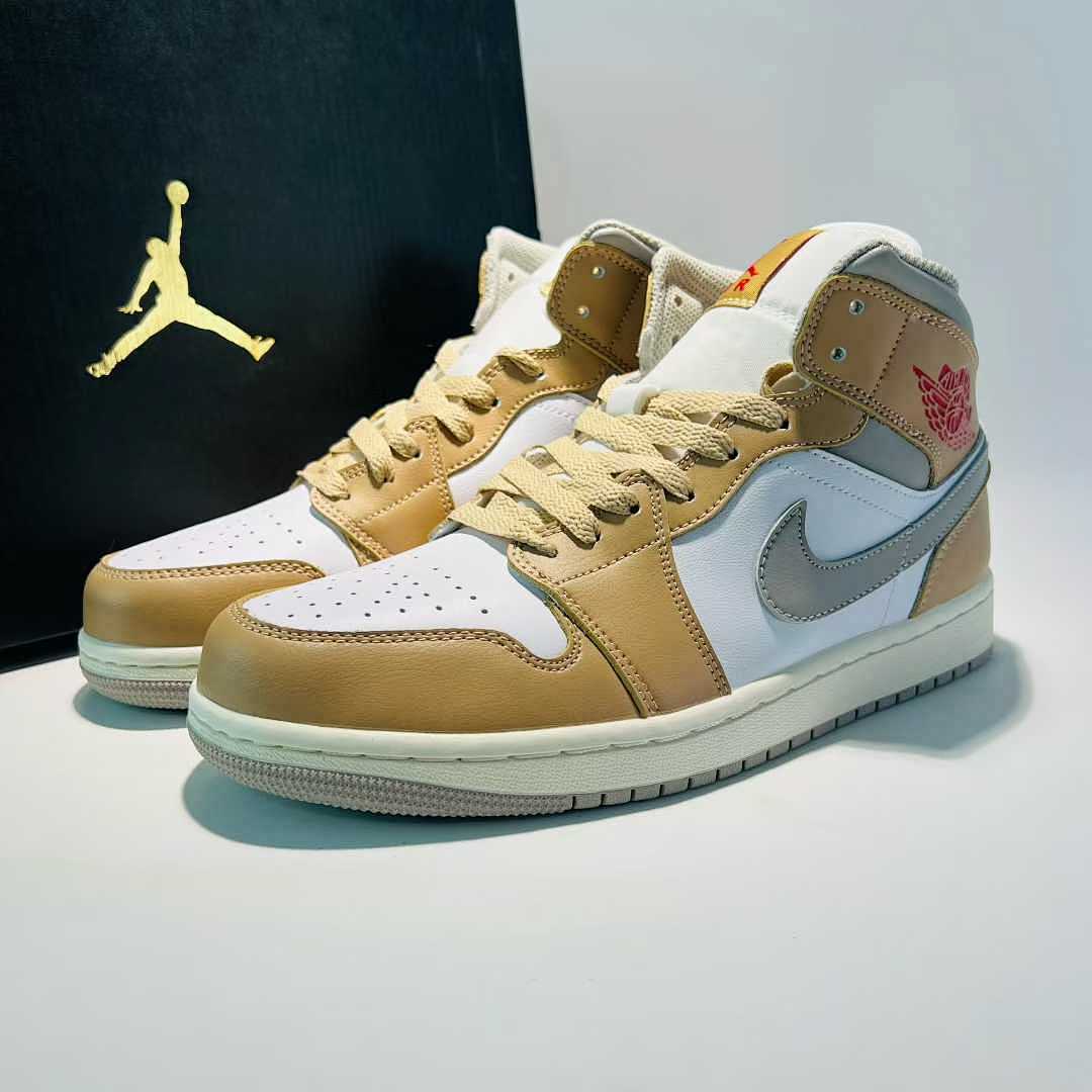 Nike Air Jordan 1 Mid SE 'White Light Grey Desert Ochre' DN4321-122 Men's Lifestyle Sneakers Tan Brown White Grey Red Shoes
