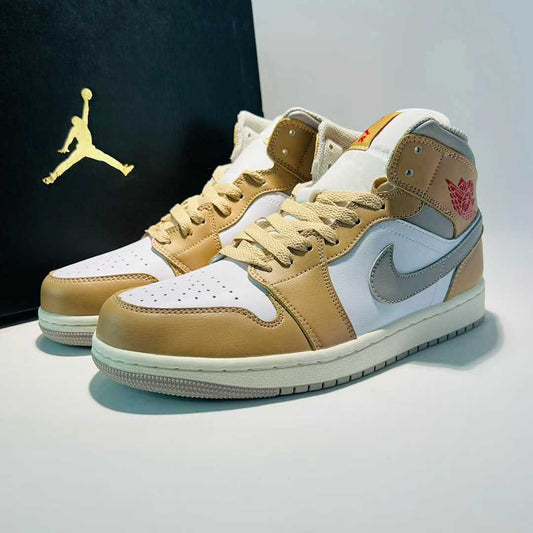 Nike Air Jordan 1 Mid SE 'White Light Grey Desert Ochre' DN4321-122 Men's Lifestyle Sneakers Tan Brown White Grey Red Shoes