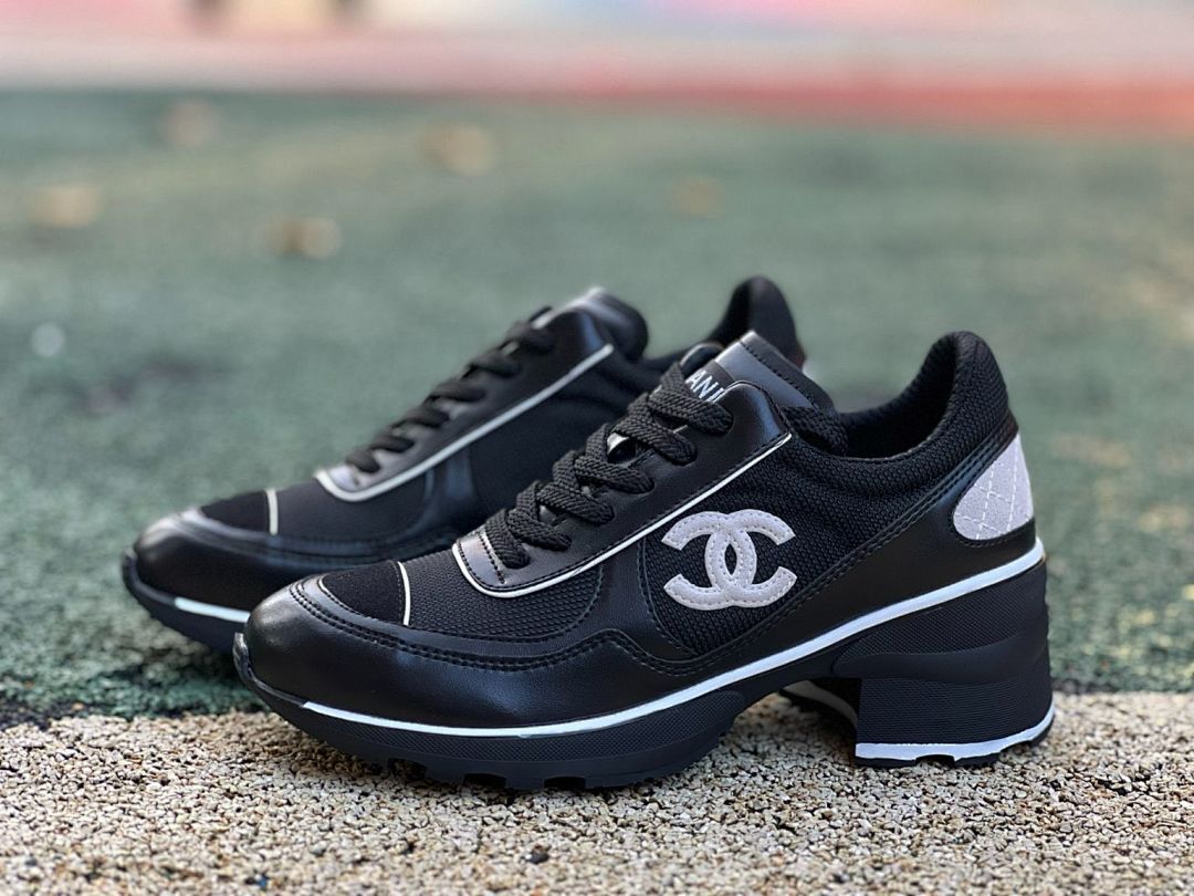 Chanel Black Platform Trainers Women's Chunky Heel Sneakers Leather Mesh G37136