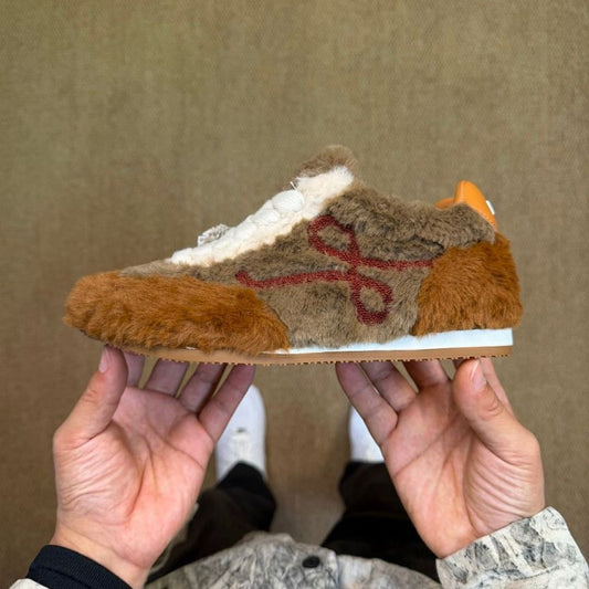 Loewe L.A. L Knot Furry Low-Top Sneakers Brown Ecru Red, Luxury Designer Trainers, Fluffy Shearling Shoes, Unisex