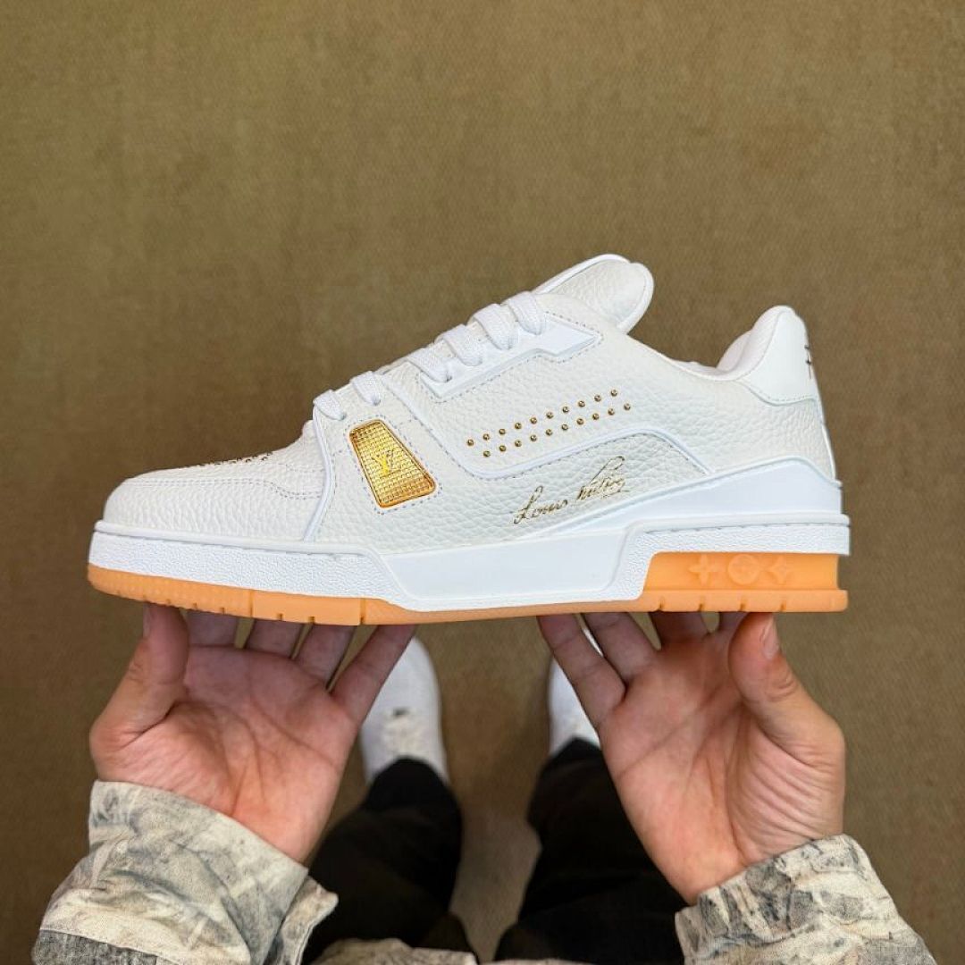Louis Vuitton LV Trainer Sneaker White Gold Orange Sole Luxury Men's Shoes, Louis Vuitton LV Trainer Sneaker White Gold 1A9Z6M