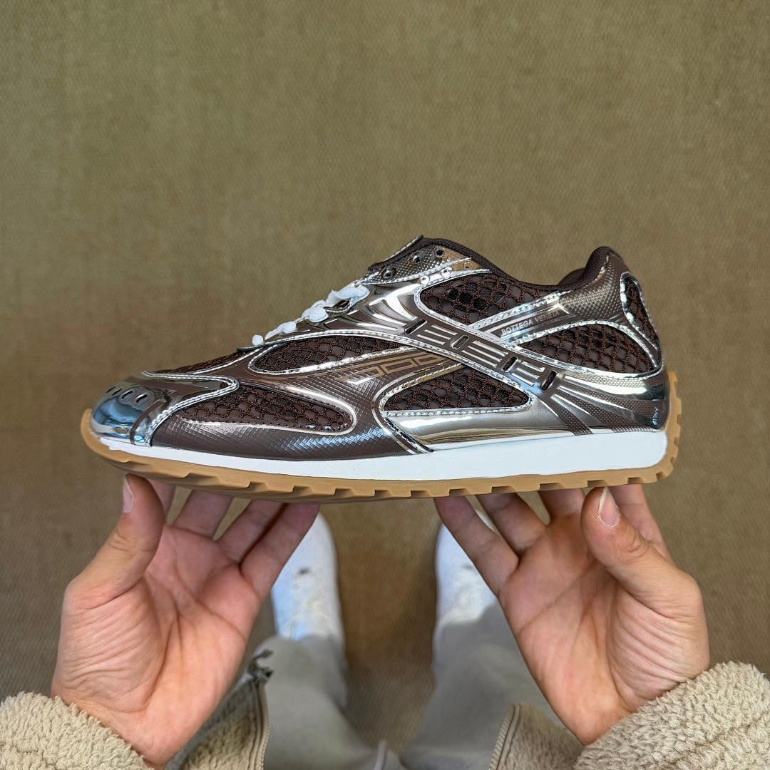 Bottega Veneta Orbit Metallic Mesh Runner Sneakers Silver Brown