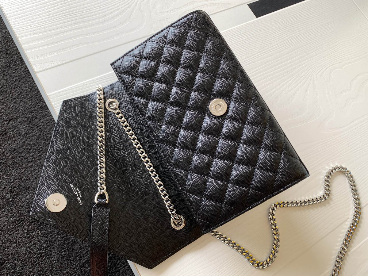 Saint Laurent Monogram Envelope Chain Wallet in Quilted Leather - Black