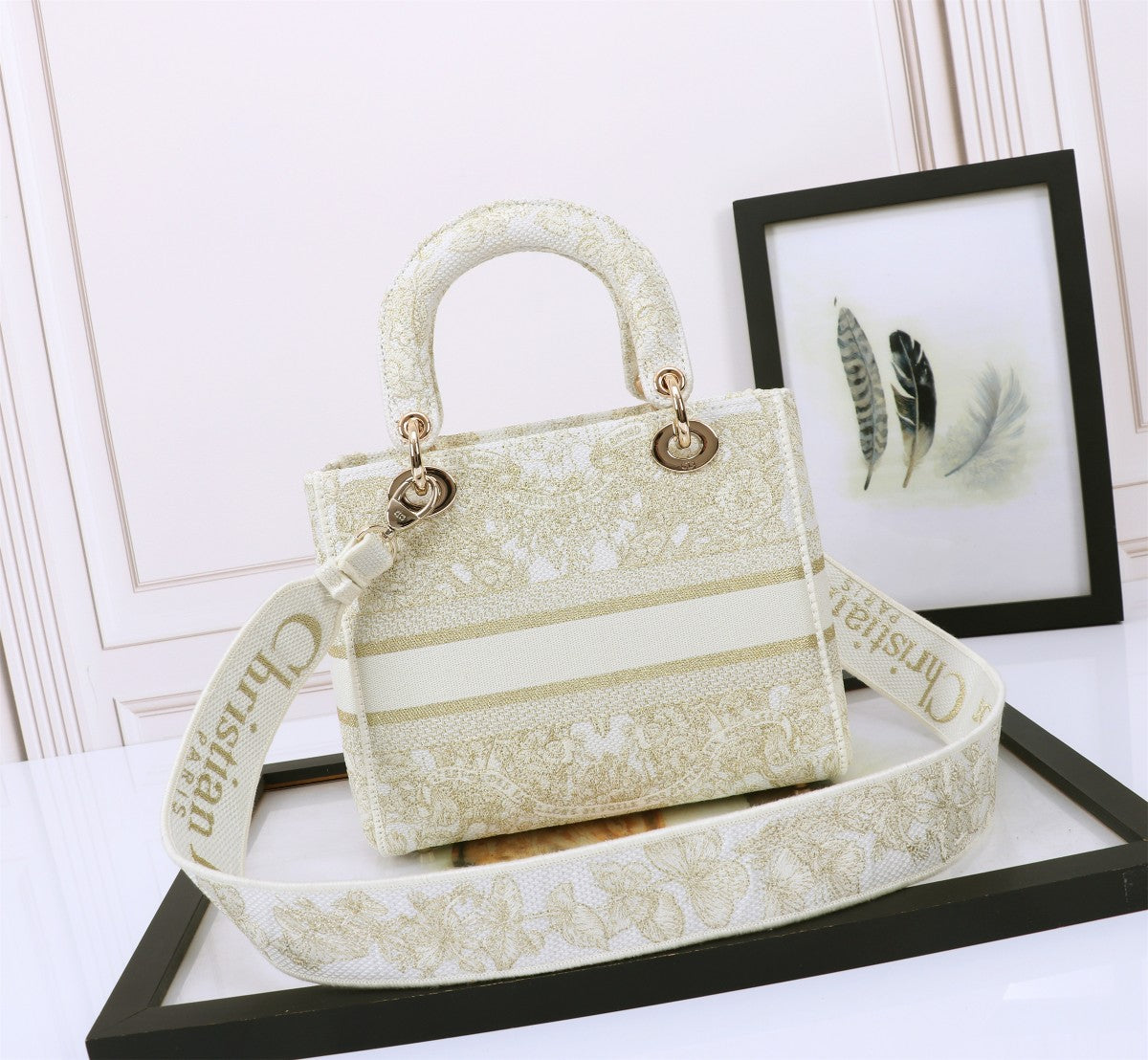 Dior Elegant Cream Embroidered Floral Canvas Tote Handbag