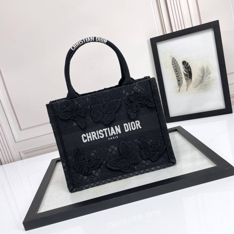 Christian Dior Small Book Tote Bag in Black Embroidered Canvas with Butterflies