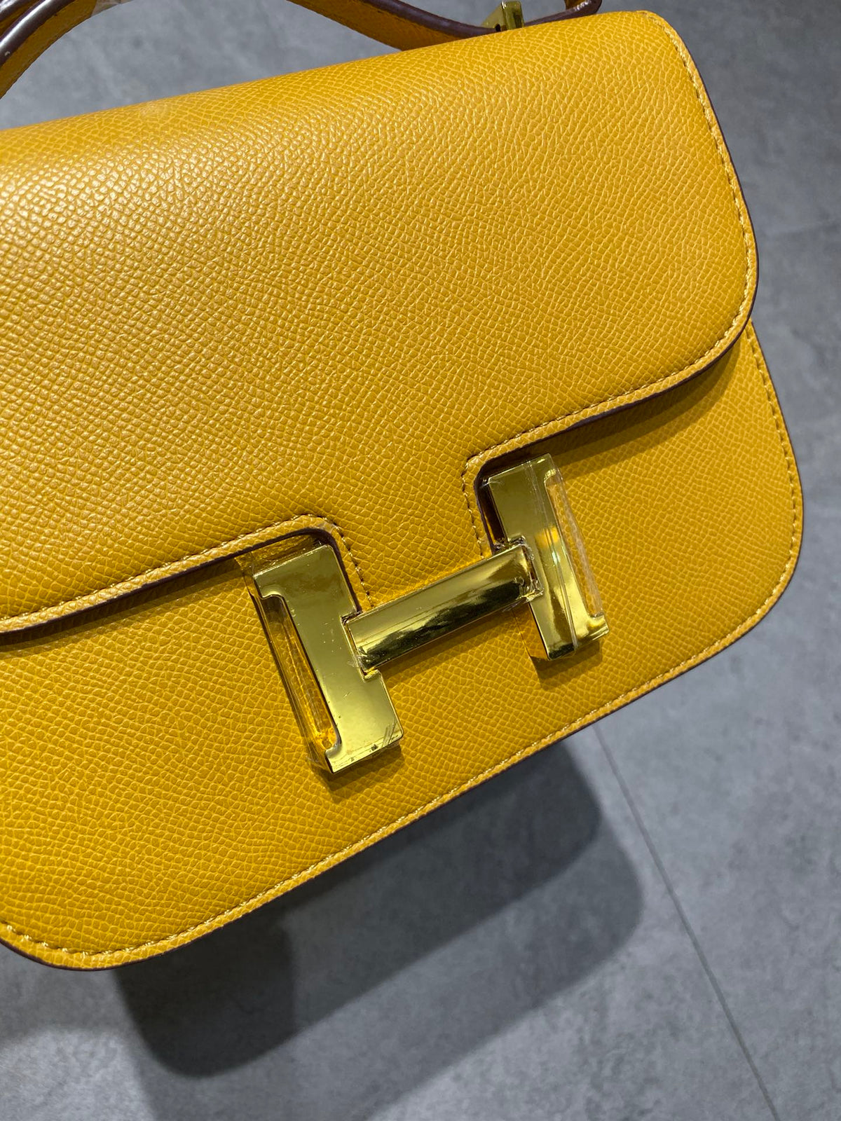 Mustard Yellow Leather Shoulder Bag with Gold H-Clasp - Small Crossbody Handbag