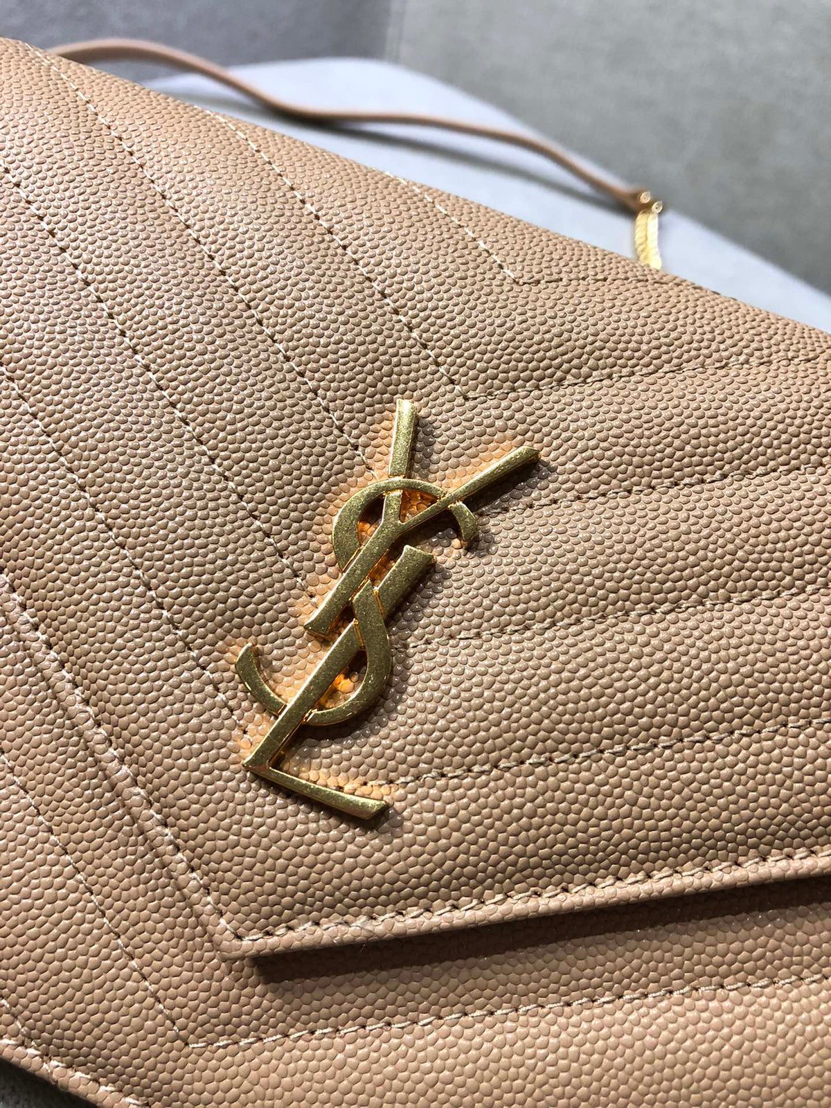 Saint Laurent Cassandre Matelassé Chain Wallet in Grain de Poudre Leather - Dark Nude
