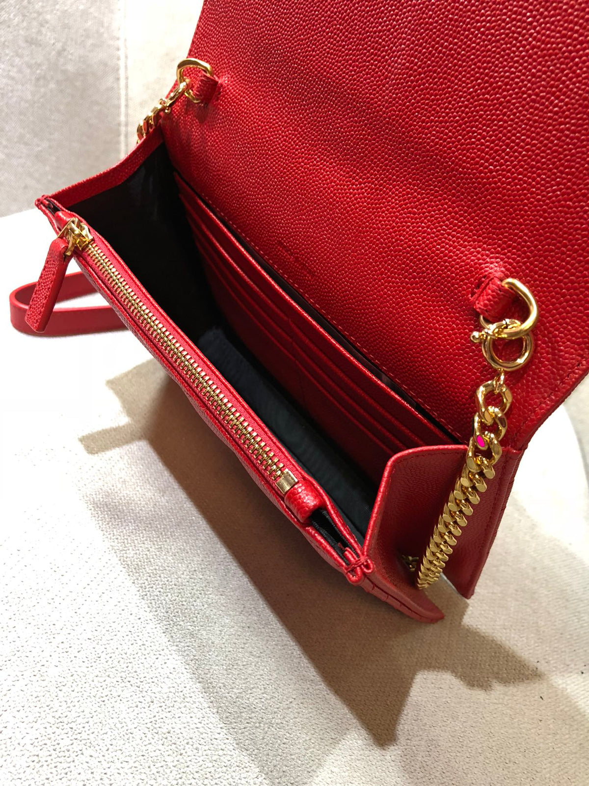 Saint Laurent Cassandre Matelassé Red Leather Envelope Chain Wallet