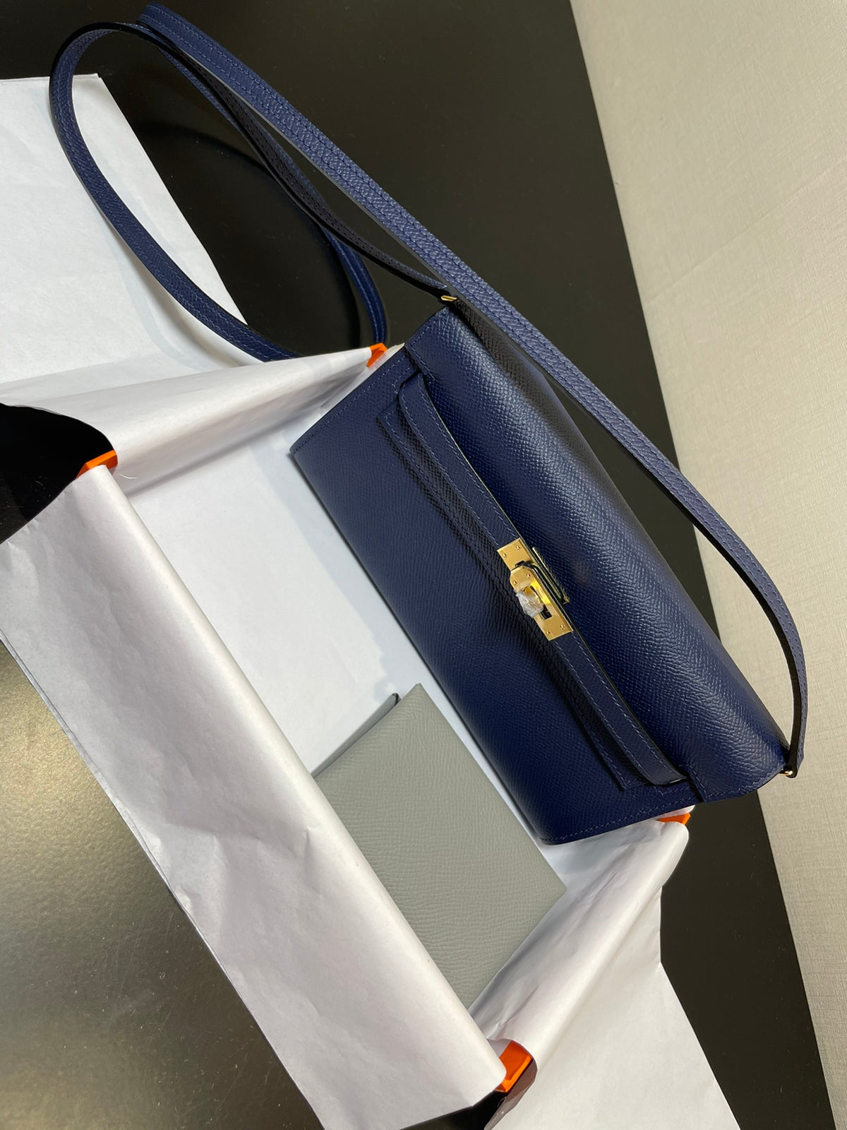 Luxury Two-Tone Blue and Beige Leather Wallet - Elegant Foldover Clutch with Gold Clasp