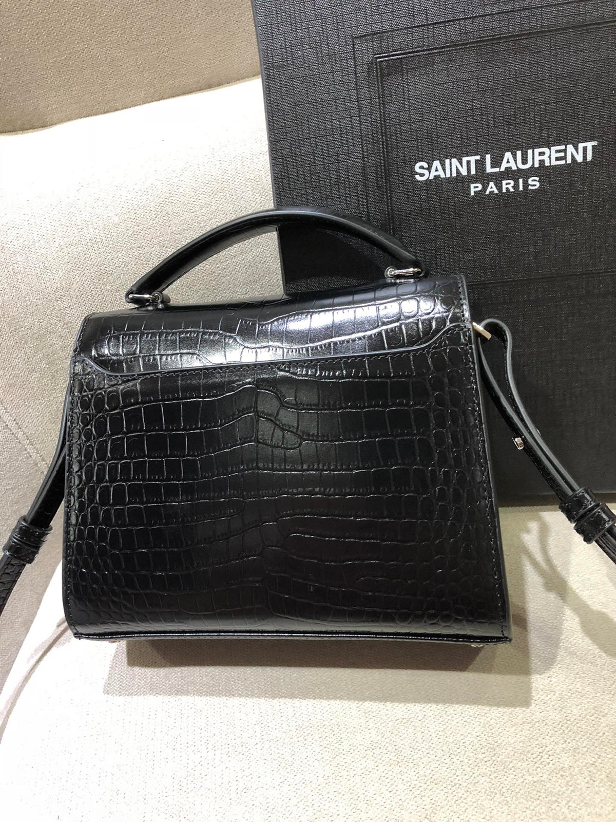 Saint Laurent Cassandra Mini Top Handle Bag in Crocodile-Embossed Leather - Black