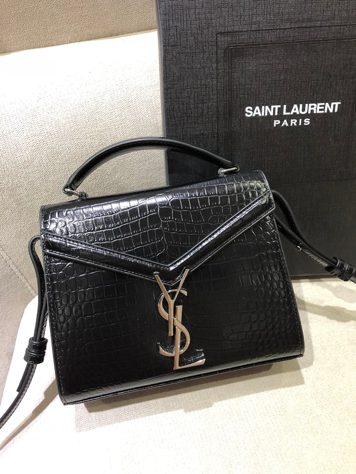 Saint Laurent Cassandra Mini Top Handle Bag in Crocodile-Embossed Leather - Black