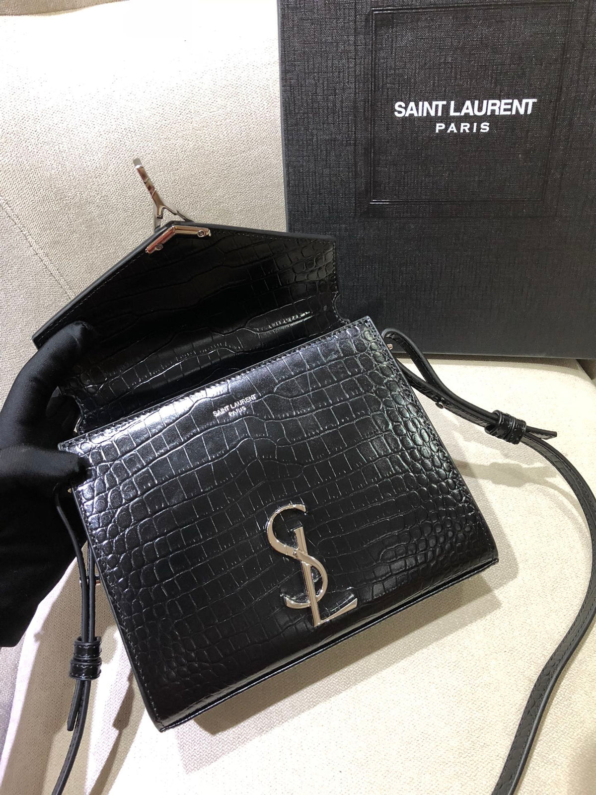 Saint Laurent Cassandra Mini Top Handle Bag in Crocodile-Embossed Leather - Black