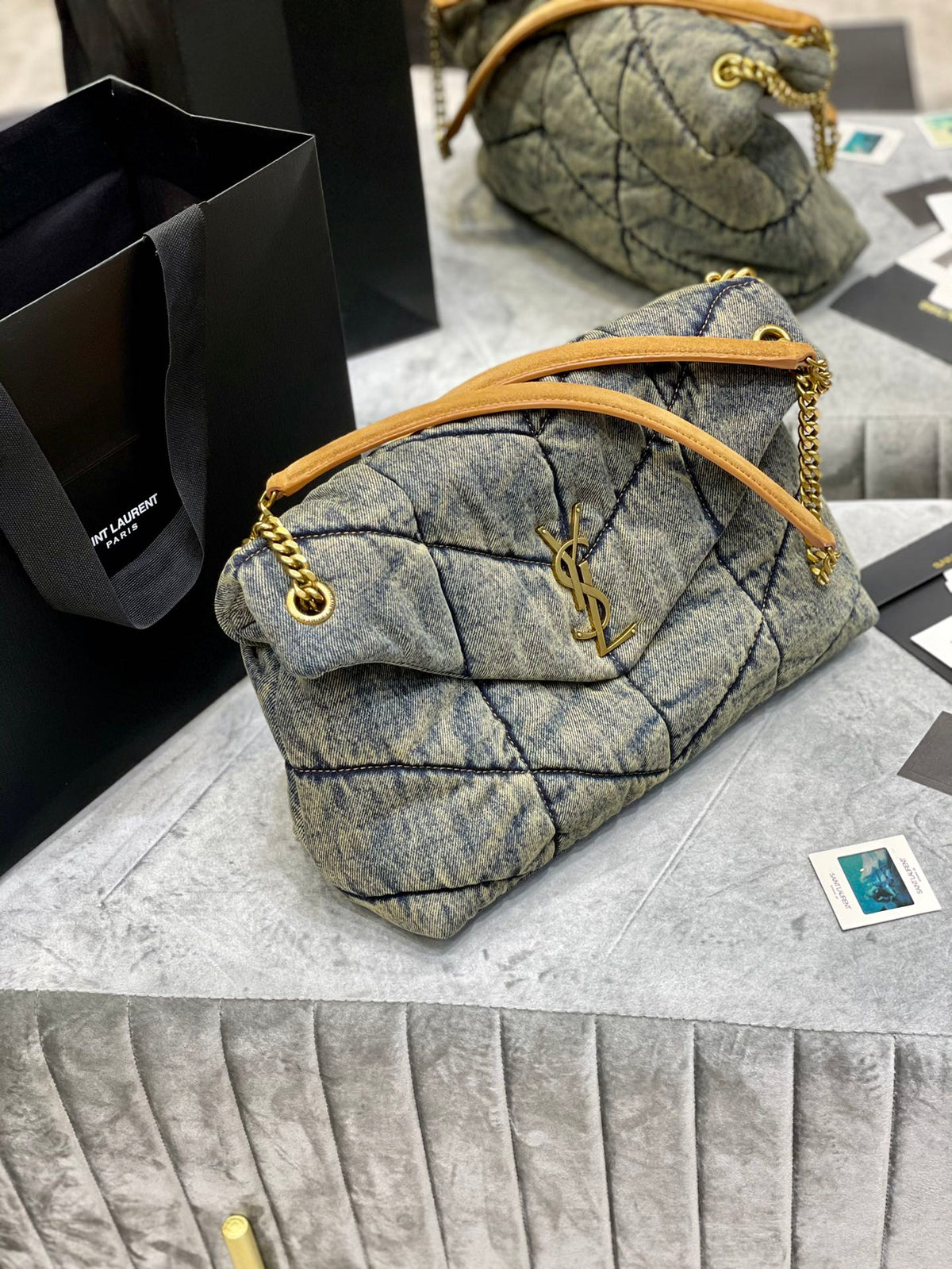 Saint Laurent Puffer Small Bag in Grey Quilted Denim with Gold Hardware