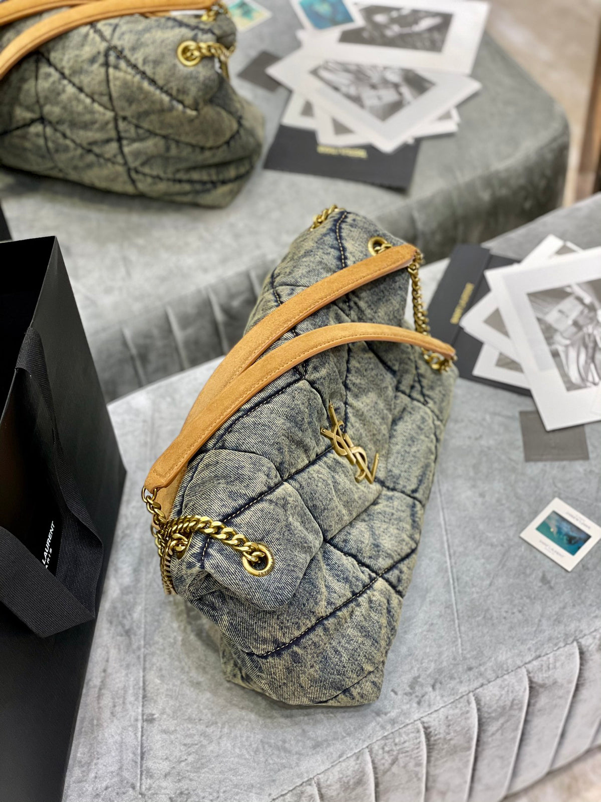 Saint Laurent Puffer Small Bag in Grey Quilted Denim with Gold Hardware