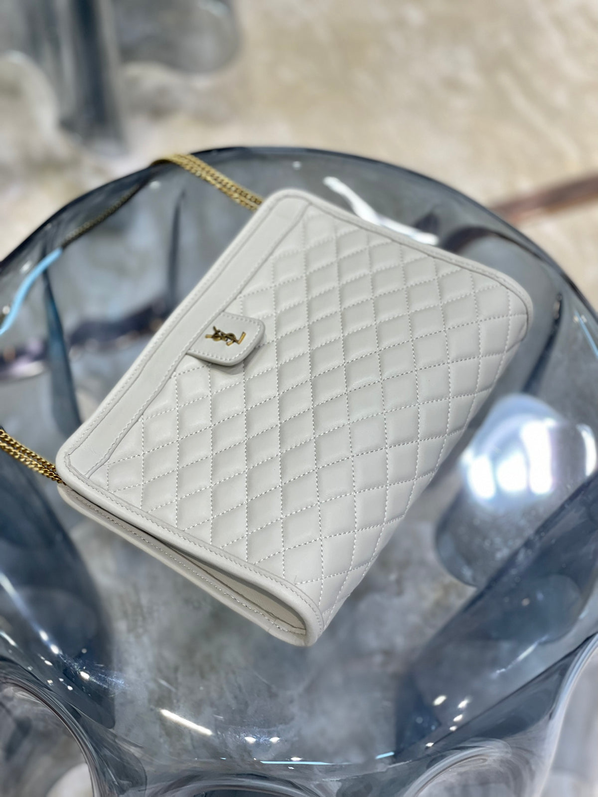 Saint Laurent Gaby Quilted Leather Shoulder Bag - Cream Off-White with Gold Hardware