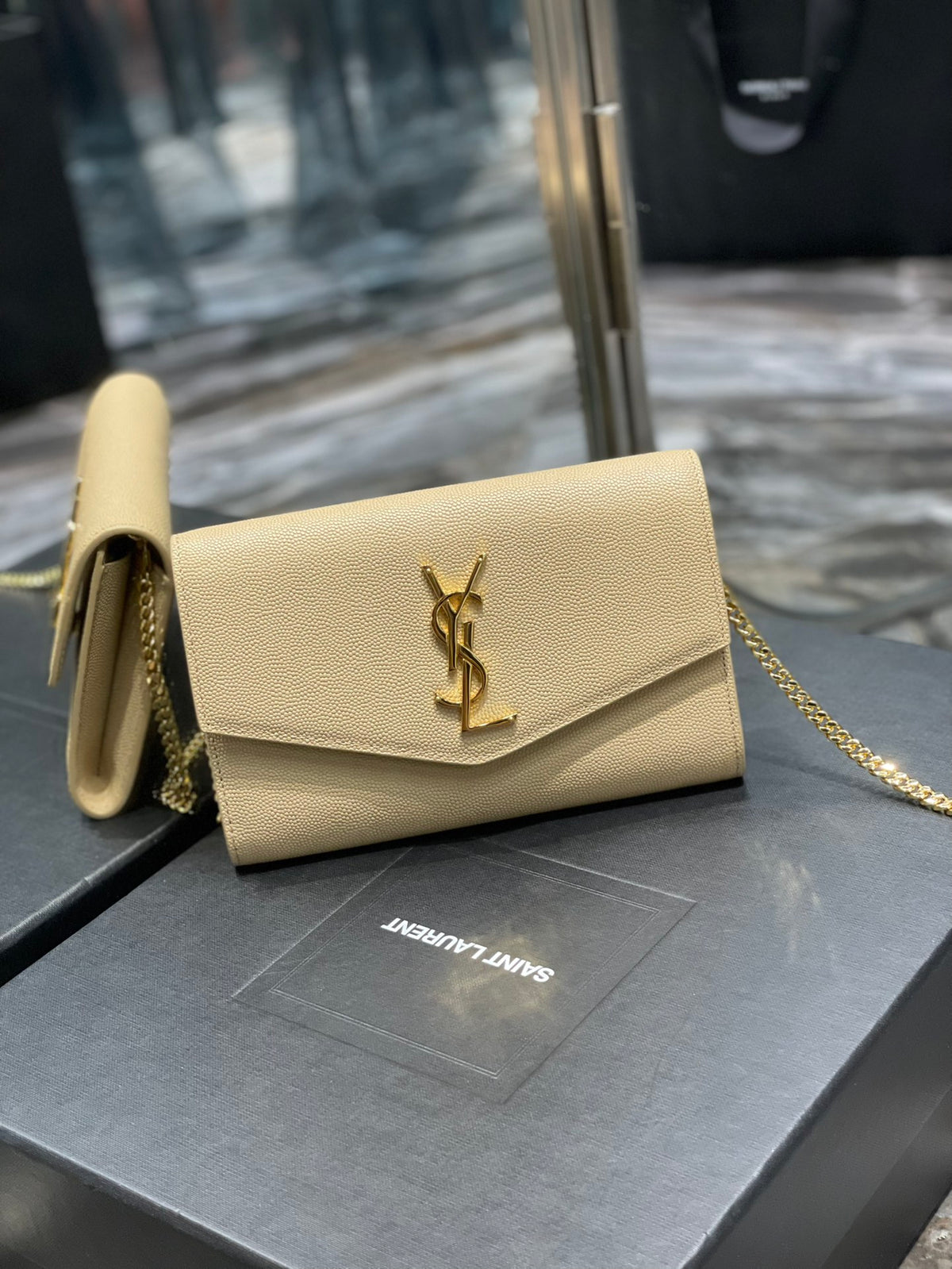 Saint Laurent Monogram Wallet on Chain and Card Holder - Beige Leather