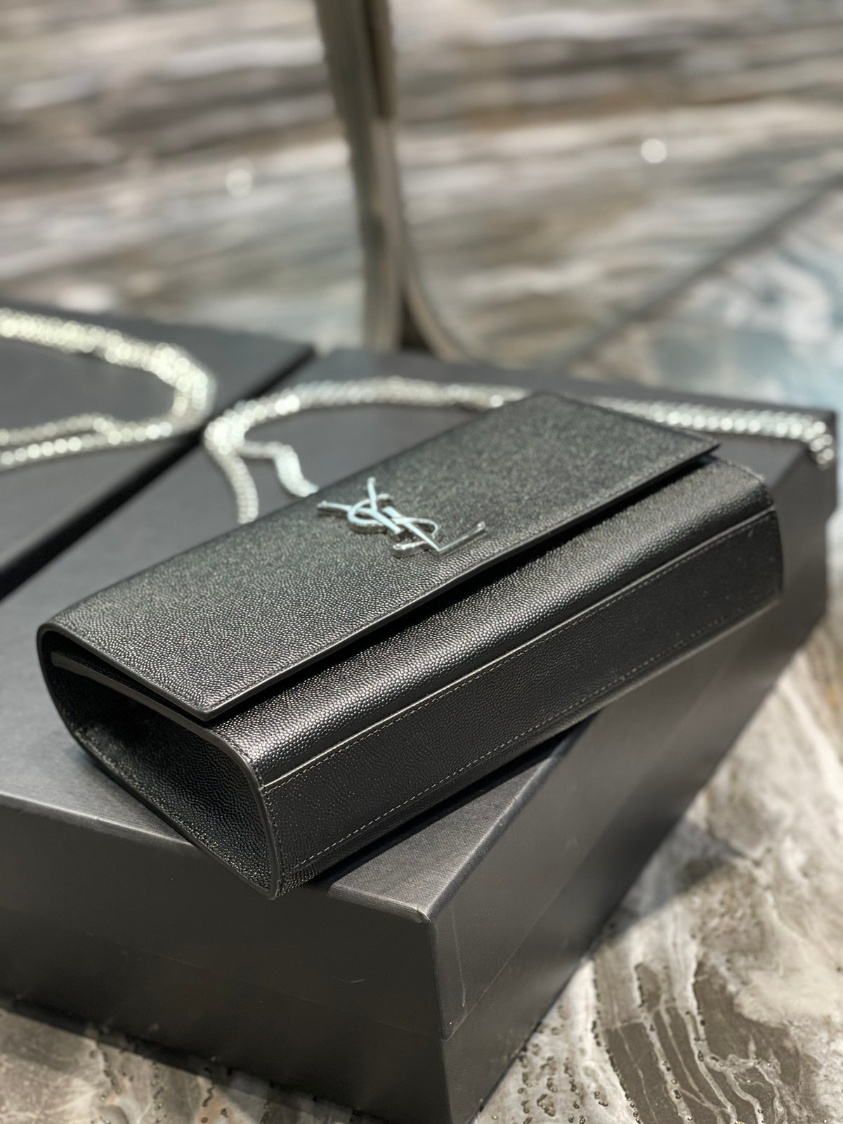 Saint Laurent Sunset Chain Wallet in Grain de Poudre Embossed Leather - Black