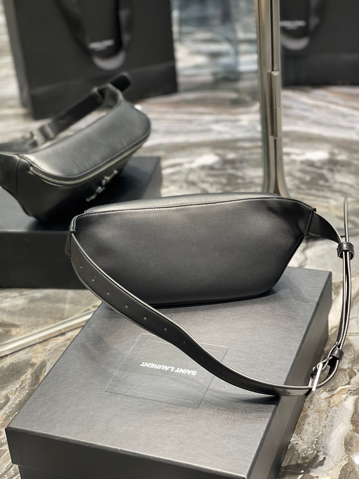 Saint Laurent Cassandre Leather Belt Bag in Black with Silver-Tone Hardware