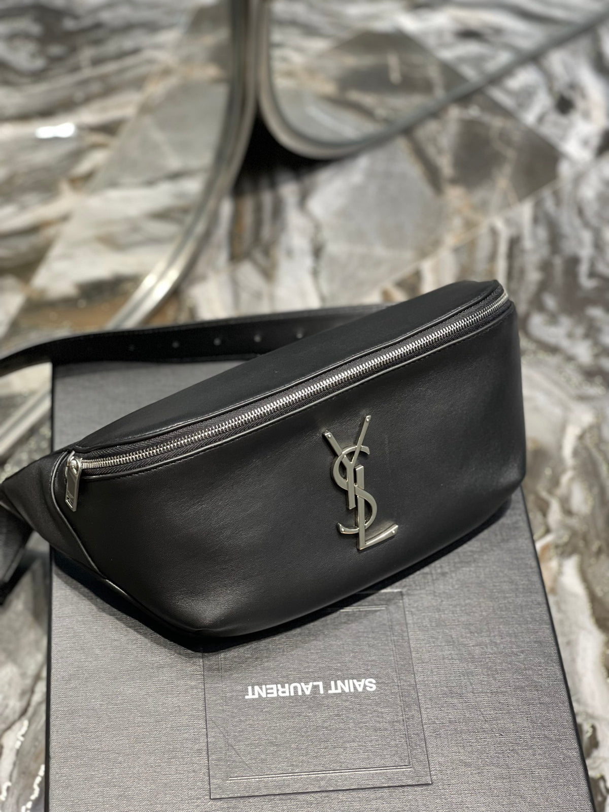 Saint Laurent Cassandre Leather Belt Bag in Black with Silver-Tone Hardware