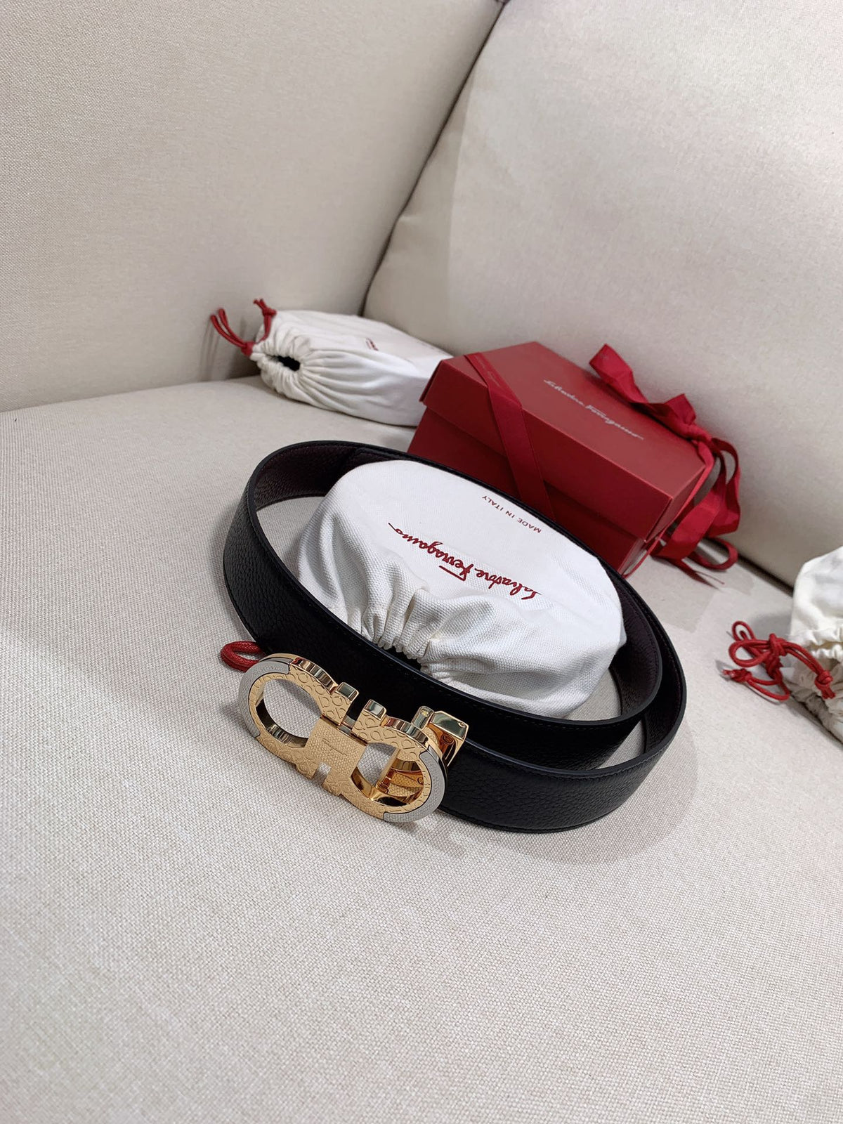 Salvatore Ferragamo Men's Gancini Buckle Leather Belt, Textured Gold and Silver-Tone Hardware, Black Leather