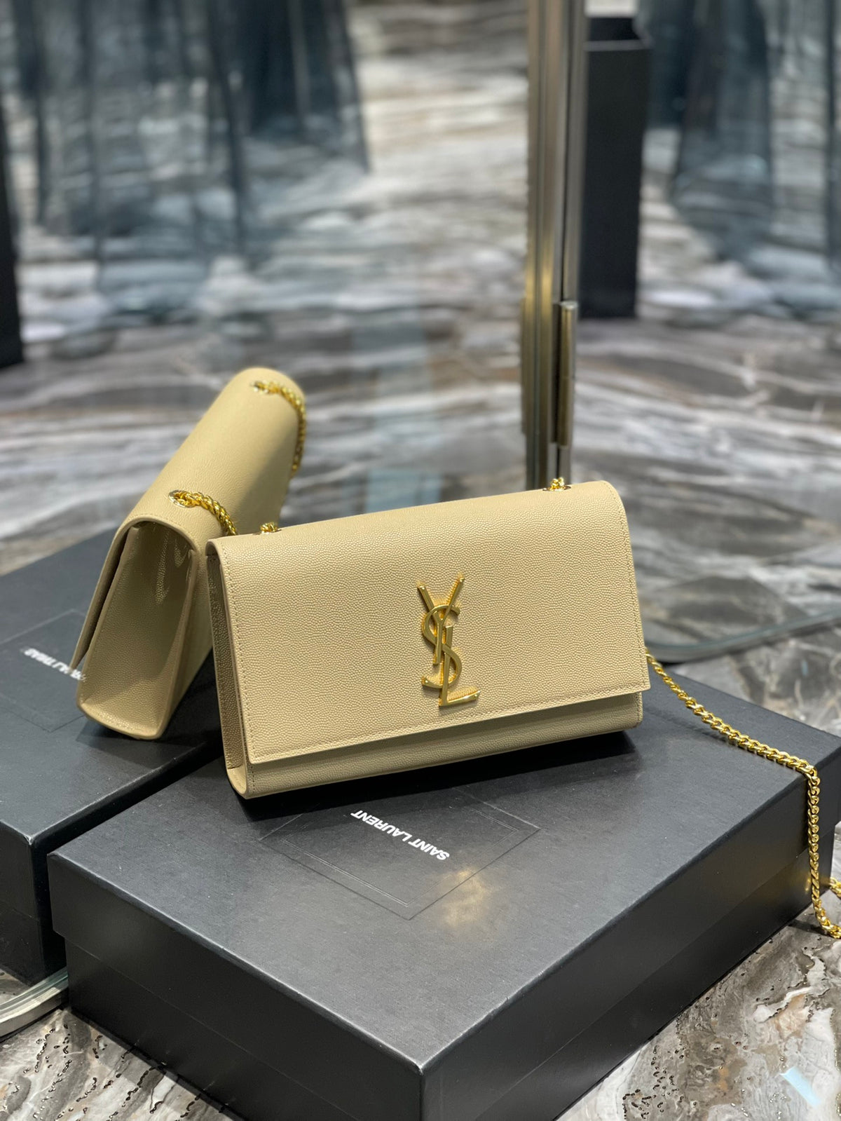 Saint Laurent Kate Small Chain Bag in Grain de Poudre Leather - Beige