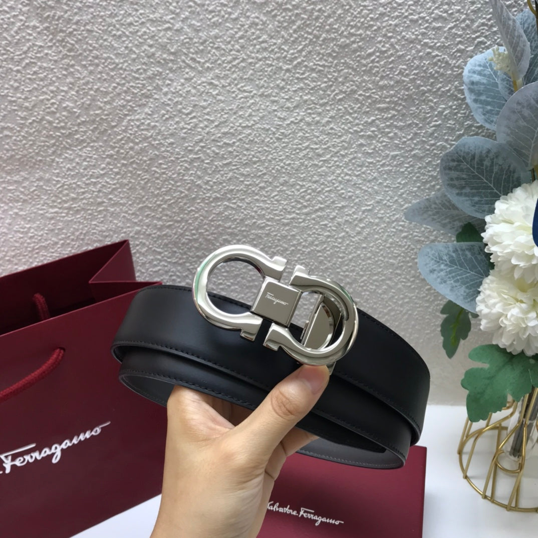 Salvatore Ferragamo Men's Gancini Reversible Leather Belt - Black with Silver Buckle