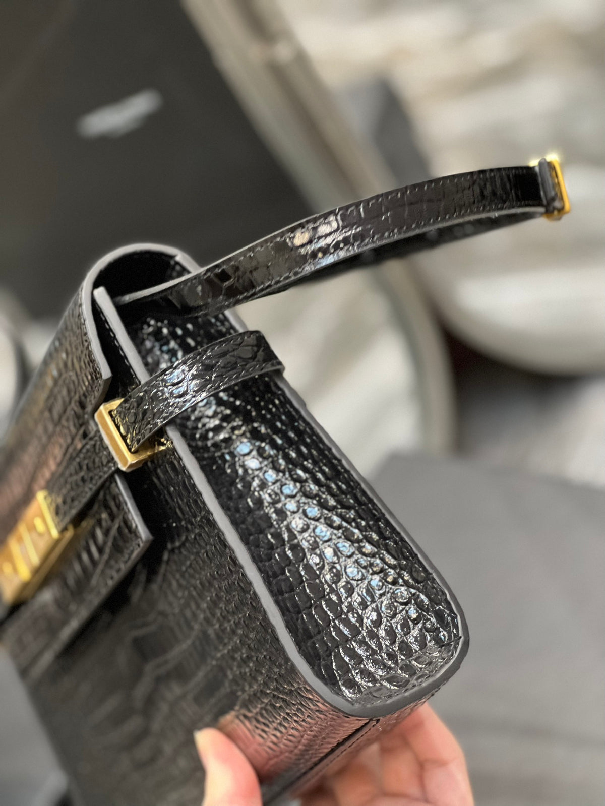 Saint Laurent Manhattan Small Shoulder Bag in Shiny Crocodile-Embossed Leather - Black