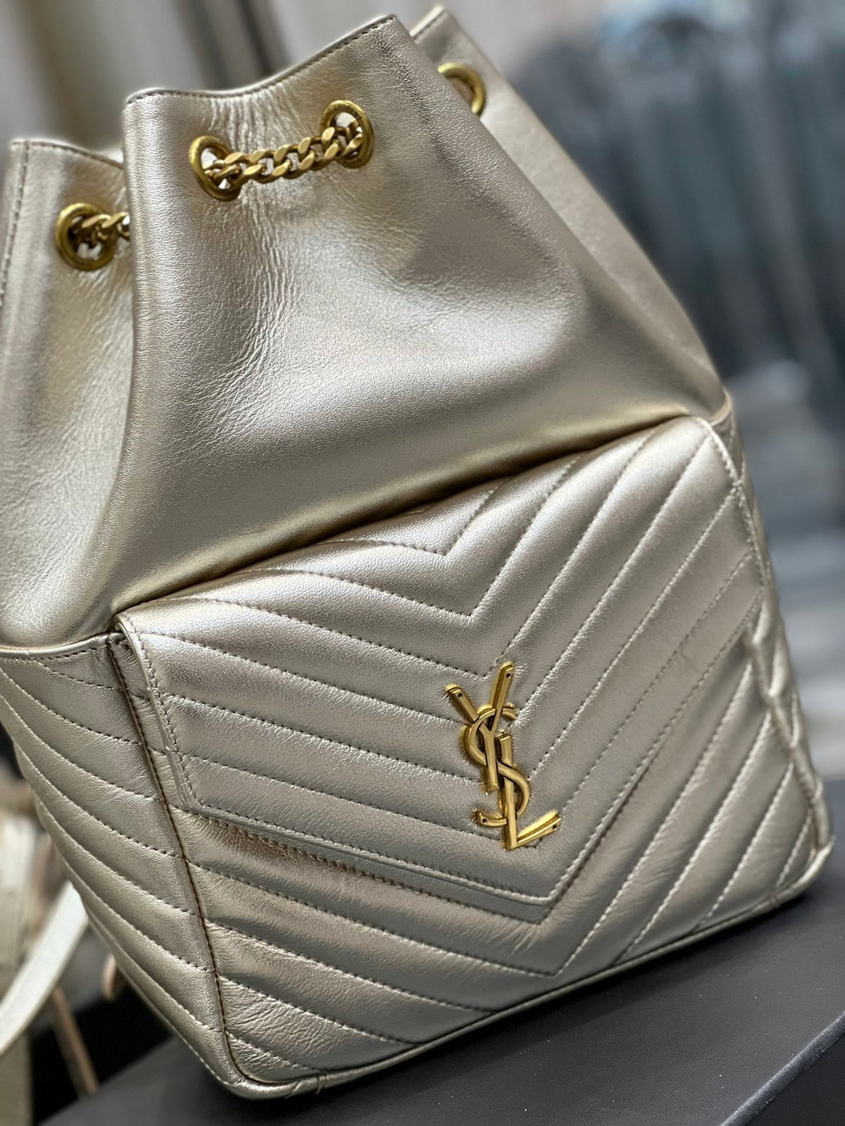 Gold Quilted Leather Bucket Bag - Elegant Metallic Shoulder Bag with Chain Strap