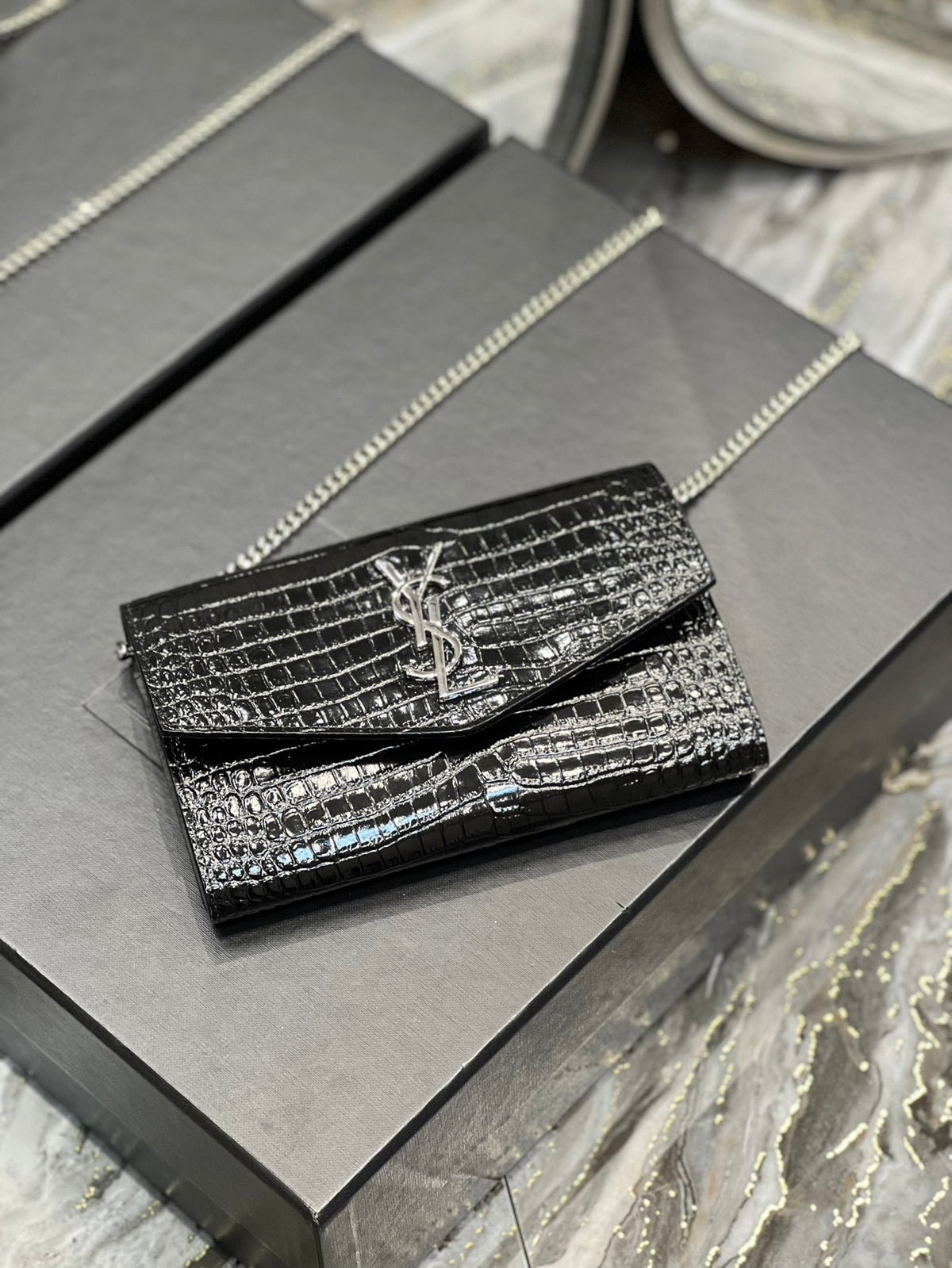 Saint Laurent Cassandre Small Envelope Wallet in Shiny Crocodile-Embossed Leather - Black