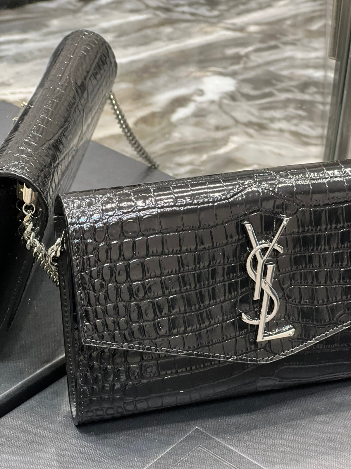 Saint Laurent Cassandre Small Envelope Wallet in Shiny Crocodile-Embossed Leather - Black