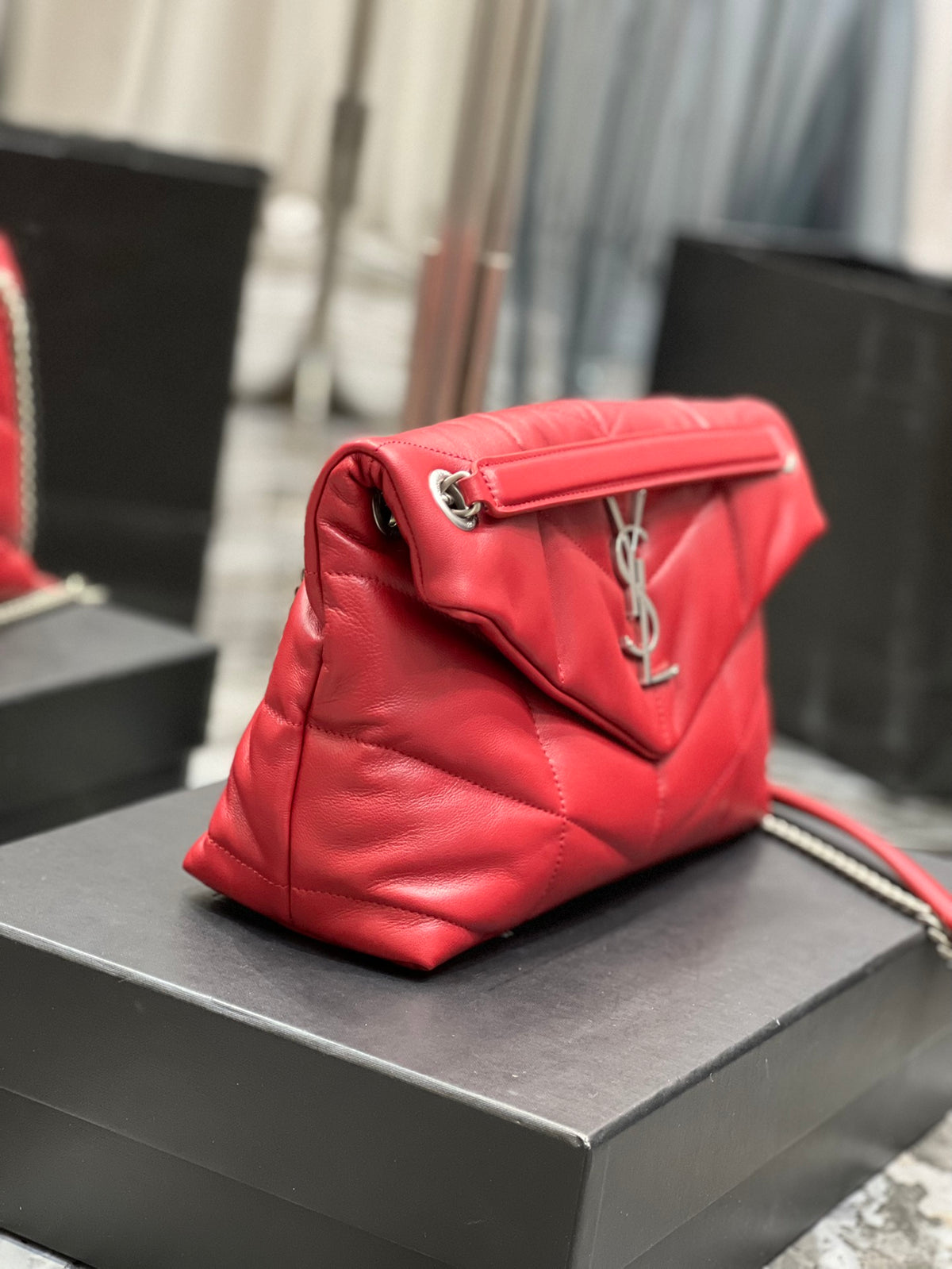 Saint Laurent Small Loulou Puffer Bag in Quilted Lambskin Red with Silver Hardware
