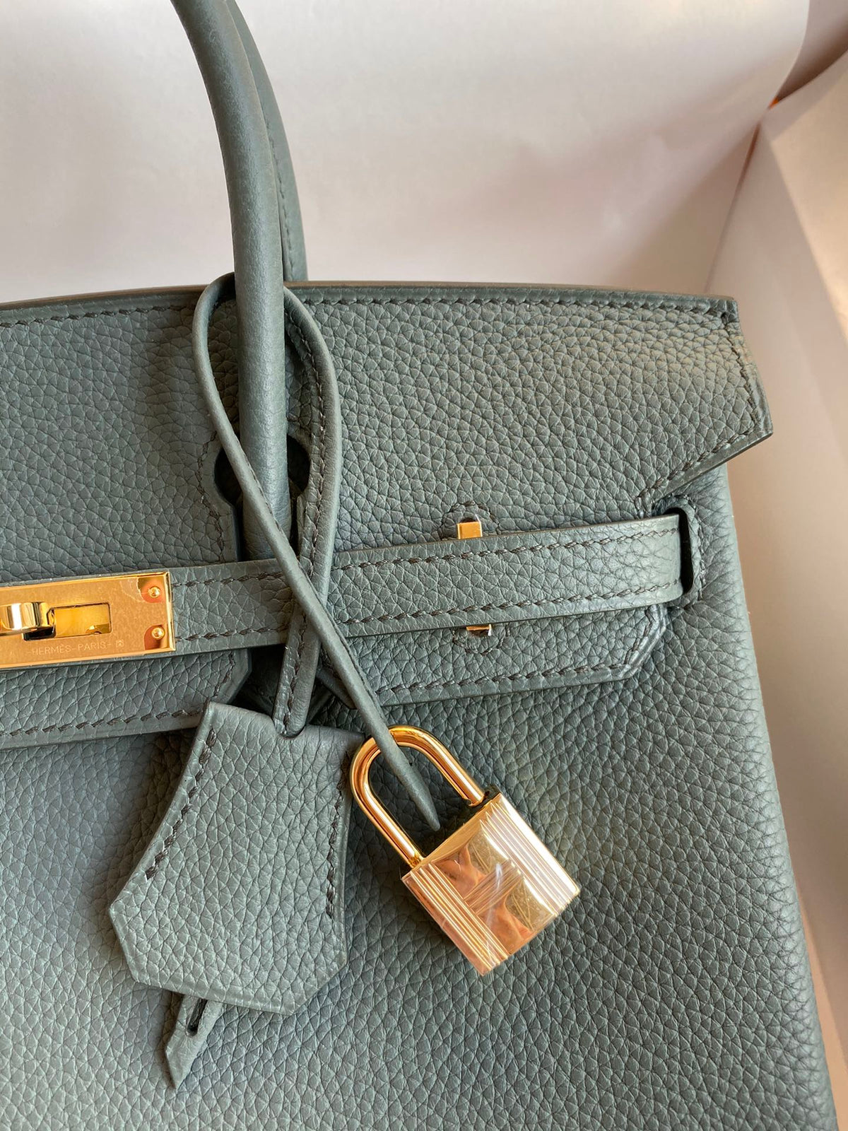 Hermès Birkin Style Sage Green Leather Handbag with Gold-Tone Hardware